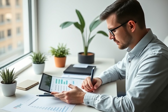 dedicated financial planner, analyzing, studying financial projections, photorealistic, minimalist workspace with green plants, highly detailed, note-taking on tablet, soft shadow contrast, ambient soft lighting, shot with a 35mm lens.