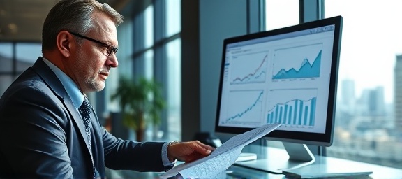 professional tax consultant, serious, reviewing documents, photorealistic, modern office with skyline view, highly detailed, computer showing graphs, high dynamic range, cool tones, direct sunlight, shot with a Nikon 85mm lens.