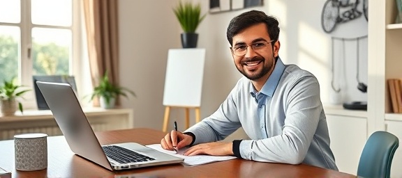 friendly accountant, cheerful, helping with tax preparation, photorealistic, small home office with personal touches, highly detailed, calculator and laptop on the table, realistic shadows, neutral colors, morning natural lighting, shot with a Sony 35mm lens.