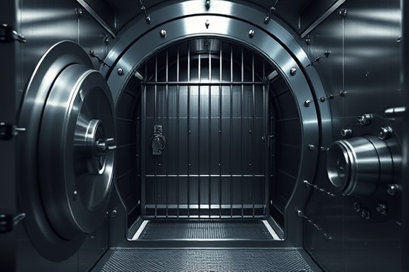 formidable audit safeguard, assured, blocking threats, photorealistic, bank vault interiors with secure locks and bars, highly detailed, impenetrable environment, 35mm lens, metallic sheen, low-key lighting, shot with a Sony FE 35mm F1.4 GM lens.