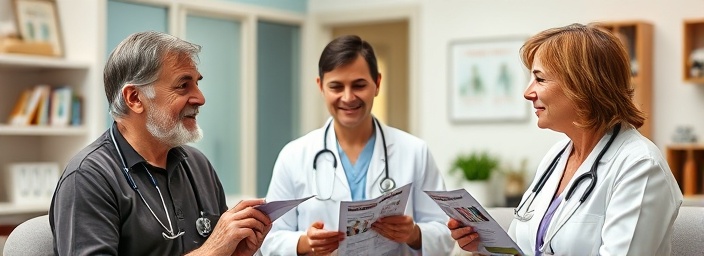 inclusive health benefits, reassuring expression, counseling, photorealistic, medical office with pamphlets, highly detailed, healthcare professionals explaining options, crisp quality, neutral palette, ambient lighting, shot with a 85mm lens.