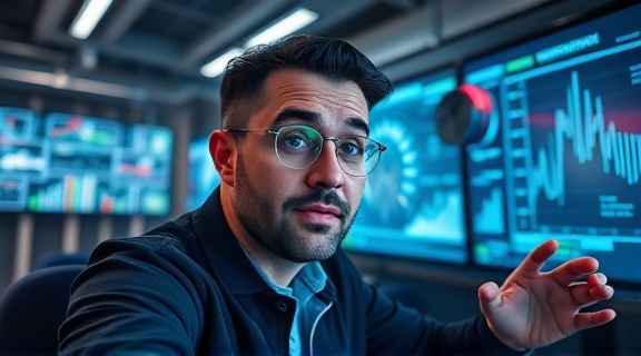 innovative insurance coverage, intrigued expression, exploring options, photorealistic, tech-driven workspace with digital screens, highly detailed, holographic displays projecting data, wide-angle view, high-contrast colors, artificial LED lighting, shot with a 28mm lens.