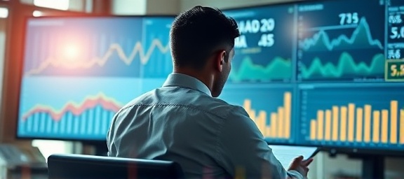 insightful financial expert, calculating, optimizing investment portfolios, photorealistic, sleek contemporary office with large monitors, highly detailed, algorithmic graphs, subtle solar reflections, cool toned lighting, shot with a 70mm lens.