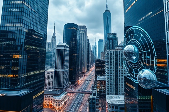futuristic investment future, visionary, exploring emerging markets, photorealistic, a cityscape with skyscrapers and futuristic tech interfaces, highly detailed, hovering holographic displays, ultra-clear, silver and neon accents, high-contrast lighting, shot with a 24mm wide-angle lens.