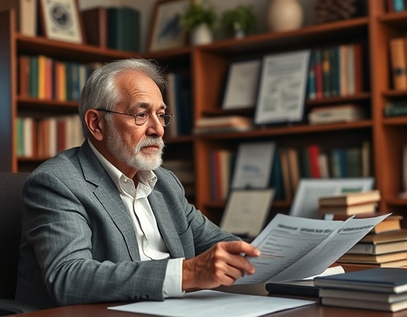 retirement planner, thoughtful expression, showing client retirement options, photorealistic, cozy office with bookshelves and financial awards, highly detailed, papers and financial reports, ISO 400, warm colors, diffused lighting, shot with an 85mm lens