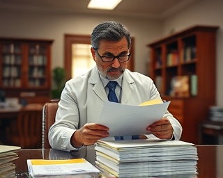 meticulous accountant, cautious, verifying tax documents, photorealistic, traditional office with classic furniture, highly detailed, stack of paperwork, rich depth of color, warm browns, overhead fluorescent lighting, shot with a Hasselblad 80mm lens.