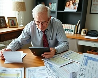 seasoned tax preparer, attentive, filling out tax forms, photorealistic, cluttered desk with family photos, highly detailed, pen and papers scattered, smooth texture, homey colors, window light from the side, shot with a Pentax 70mm lens.