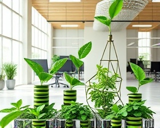 sustainable investment strategy, insightful, integrating green initiatives, photorealistic, open workspace with plants and eco-design, highly detailed, renewable energy icons floating, precise texture, green and earthy colors, soft daylight lighting, shot with a 24mm lens.
