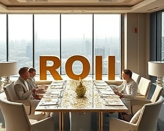 accelerated investment success, jubilant, presenting ROI results, photorealistic, elegant conference room with panoramic city views, highly detailed, celebratory confetti and earnings reports, vivid clarity, white and gold theme, diffused lighting, shot with a 70-200mm telephoto lens.