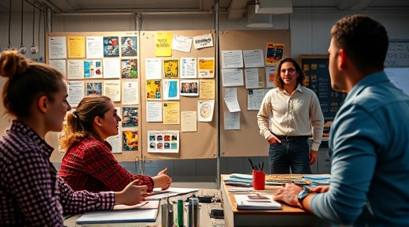 innovative employee benefits, innovative expression, brainstorming, photorealistic, creative workspace with mood boards, highly detailed, team collaborating actively, dynamic focus, varied color scheme, spot lighting, shot with a 35mm lens.