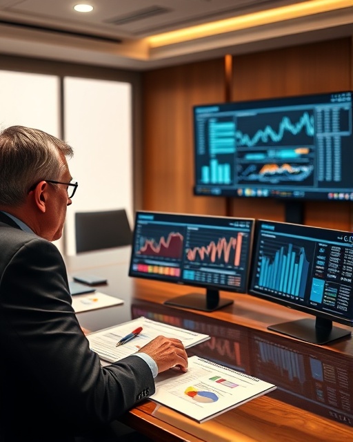 diversified investment portfolio, focused, reviewing asset allocation, photorealistic, sophisticated boardroom with touchscreen monitors, highly detailed, dynamic graphs and financial figures, high resolution, warm earth tones, ambient lighting, shot with an 85mm lens.