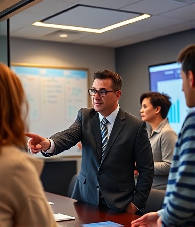 strategic wealth management strategy, determined look, pointing at a screen, photorealistic, conference room with whiteboards and digital displays, highly detailed, colleagues animatedly discussing, shot with a Sigma 18-35mm lens, professional colors, focused warm lighting