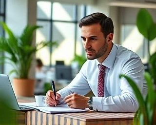 expert tax consultant, thoughtful, strategizing tax solutions, photorealistic, open-concept office with greenery, highly detailed, notebooks and sticky notes around, vibrant contrast, earthly greens, diffused lighting, shot with a Sigma 30mm lens.