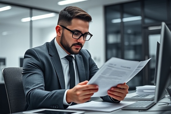 dedicated tax advisor, focused, analyzing savings reports, photorealistic, sleek modern workspace with tech gadgets, highly detailed, digital tablet in hands, crisp clarity, monochromatic tones, led panel lighting, shot with a Leica 90mm lens.