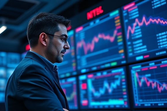diverse investment portfolio visualization, thoughtful analyst, reviewing stock trends, photorealistic, high-tech trading floor with digital screens, highly detailed, animated market data movement, pin-sharp resolution, cool blue tones, ambient lighting, shot with a 24mm lens.