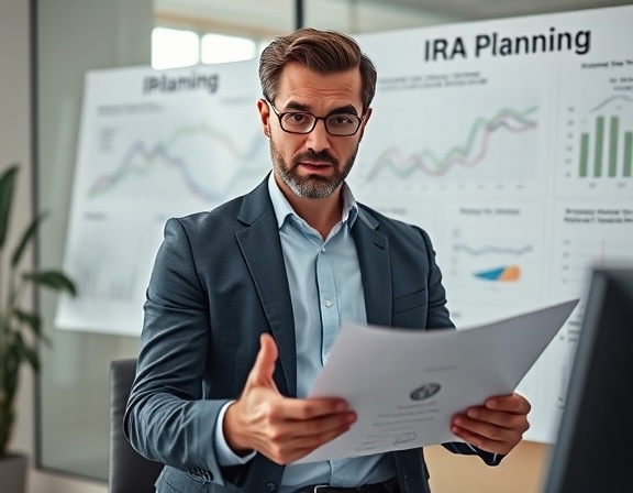 sophisticated IRA planning, confident financial advisor, explaining strategies, photorealistic, modern office setting with large financial charts, highly detailed, dynamic presentation, ultra-crisp focus, neutral tones, soft indoor lighting, shot with an 85mm lens.