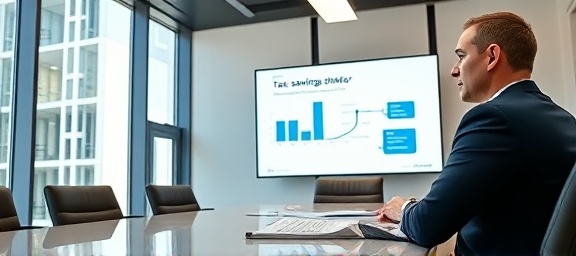 experienced financial planner, engaged, discussing tax savings strategies, photorealistic, corporate boardroom with large windows, highly detailed, presentation slides on a screen, voluminous light, professional color palette, artificial overhead lighting, shot with a Fujifilm 56mm lens.