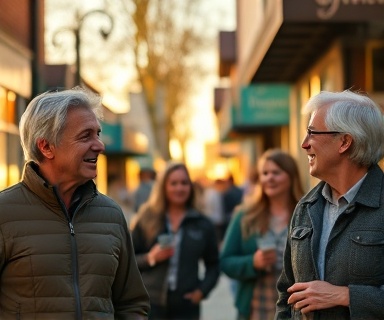 community-focused insurance residents, happy expressions, engaging in conversation, photorealistic, lively neighborhood street with storefronts, highly detailed, people walking and chatting, tack sharp detail, vibrant colors, golden hour lighting, shot with a 24mm lens.