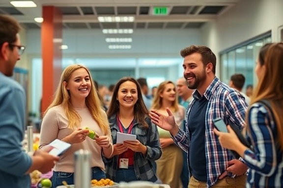 appealing workplace perks, joyful expression, exploring options, photorealistic, break room with amenities and snacks, highly detailed, employees enjoying facilities, vibrant clarity, colorful accents, indirect lighting, shot with a 28mm lens.