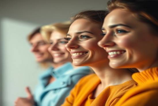 Four people celebrate financial success under vivid clarity and bright lights.