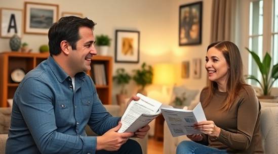 financial advisor from Fort Bend, welcoming expression, advising a couple on savings, photorealistic, living room with family photos and plants, highly detailed, informative brochures and charts, ISO 500, cozy colors, evening lamp light, shot with a 50mm lens
