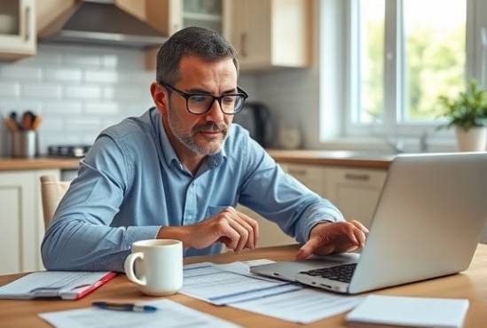 financial consultant, serious expression, reviewing tax implications, photorealistic, kitchen table with laptop and coffee mug, highly detailed, spreadsheets and notes, ISO 320, subtle colors, natural morning light, shot with a 70mm lens