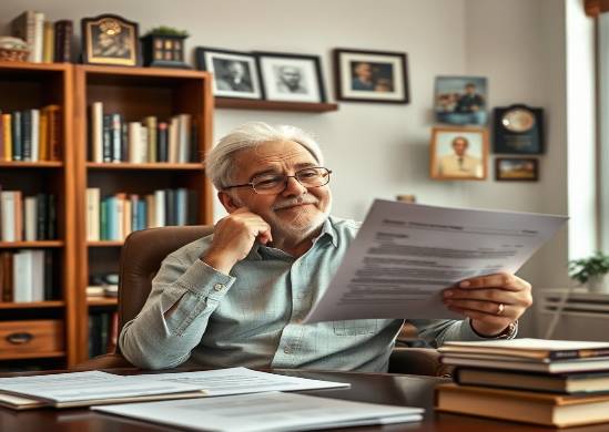 Retirement planner with a thoughtful expression discussing options in a cozy office.
