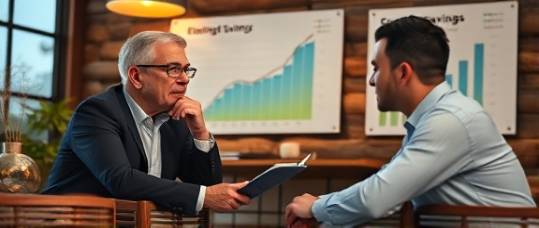 thoughtful financial advisor, advising, consulting clients on savings, photorealistic, cozy sitting area with charts on the background, highly detailed, animated discussion, wood and metal textures, diffused evening glow, shot with a 24mm lens.
