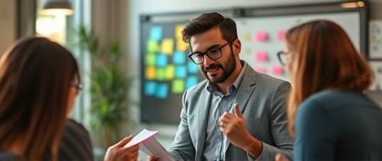 ambitious financial strategist, innovating, formulating growth strategies, photorealistic, startup hub with creative decor, highly detailed, brainstorming session, colorful sticky notes, crisp afternoon clarity, shot with a 50mm lens.