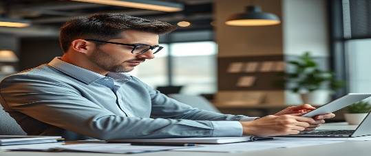 Insightful financial expert optimizing investment portfolios in a sleek office.